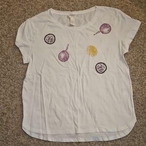 White Short Sleeve Tee with Purple and Yellow Accents